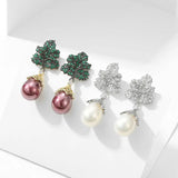 CZ Tree Leaf Drop Pearl Earrings for Women Wedding Dinner Party