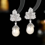 CZ Tree Leaf Drop Pearl Earrings for Women Wedding Dinner Party