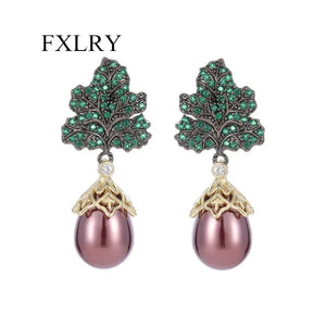 CZ Tree Leaf Drop Pearl Earrings for Women Wedding Dinner Party