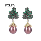 CZ Tree Leaf Drop Pearl Earrings for Women Wedding Dinner Party