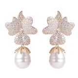Rose Red Big Flower Pearl Drop Earrings Wedding Bride Party Jewelry