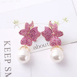 Rose Red Big Flower Pearl Drop Earrings Wedding Bride Party Jewelry