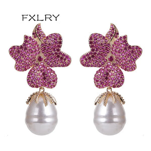 Rose Red Big Flower Pearl Drop Earrings Wedding Bride Party Jewelry
