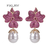 Rose Red Big Flower Pearl Drop Earrings Wedding Bride Party Jewelry