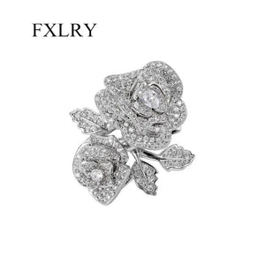 Cubic Zircon Open Index Finger Ring Flower Camellia Wedding Jewelry