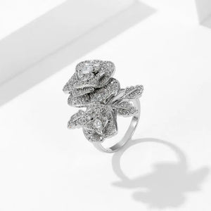Cubic Zircon Open Index Finger Ring Flower Camellia Wedding Jewelry