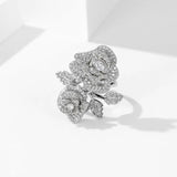 Cubic Zircon Open Index Finger Ring Flower Camellia Wedding Jewelry