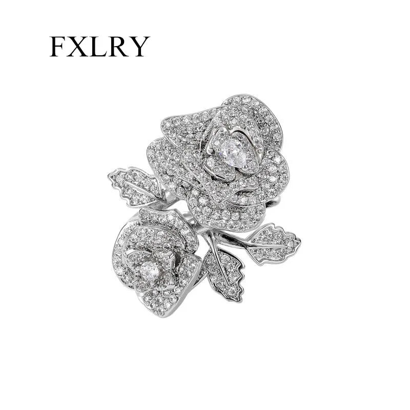 Cubic Zircon Open Index Finger Ring Flower Camellia Wedding Jewelry
