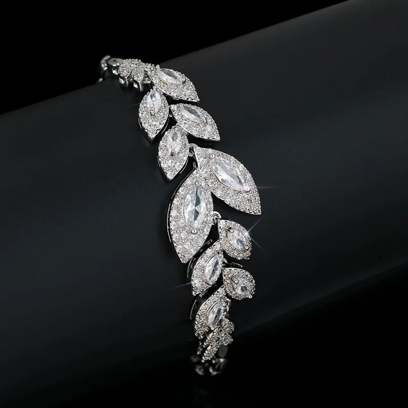 Green CZ Leaf Bracelet for Women Wedding Jewelry