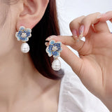 Copper Inlaid Zircon Pearl Flower Earrings Wedding Jewelry