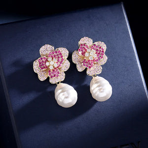 Copper Inlaid Zircon Pearl Flower Earrings Wedding Jewelry