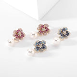 Copper Inlaid Zircon Pearl Flower Earrings Wedding Jewelry