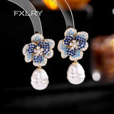 Copper Inlaid Zircon Pearl Flower Earrings Wedding Jewelry