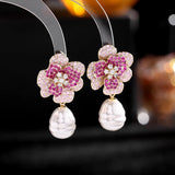 Copper Inlaid Zircon Pearl Flower Earrings Wedding Jewelry