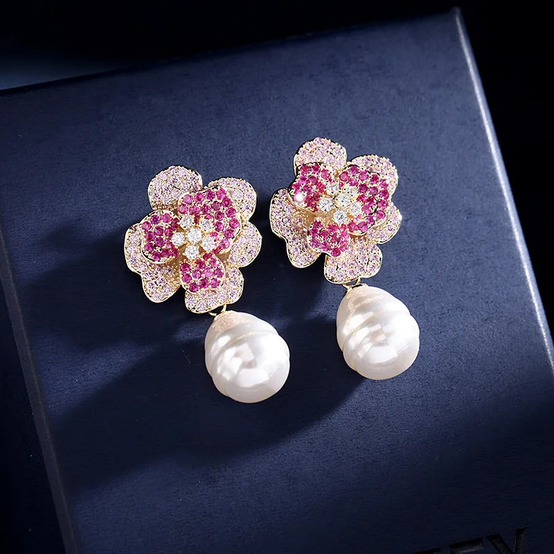 Copper Inlaid Zircon Pearl Flower Earrings Wedding Jewelry