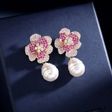 Copper Inlaid Zircon Pearl Flower Earrings Wedding Jewelry