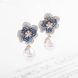 Copper Inlaid Zircon Pearl Flower Earrings Wedding Jewelry