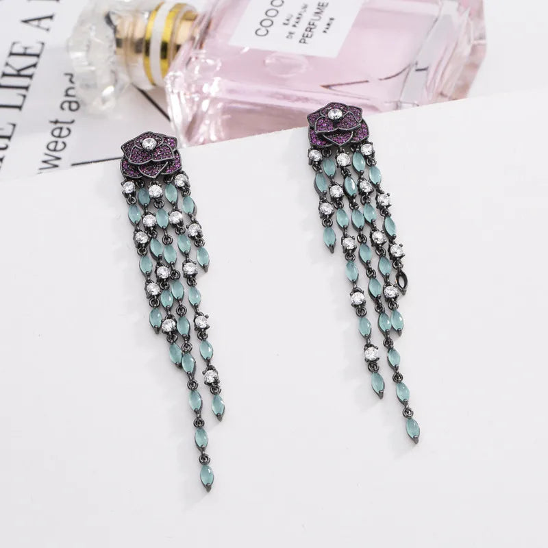 Vintage Purple Rose Flower Earrings with Tassel