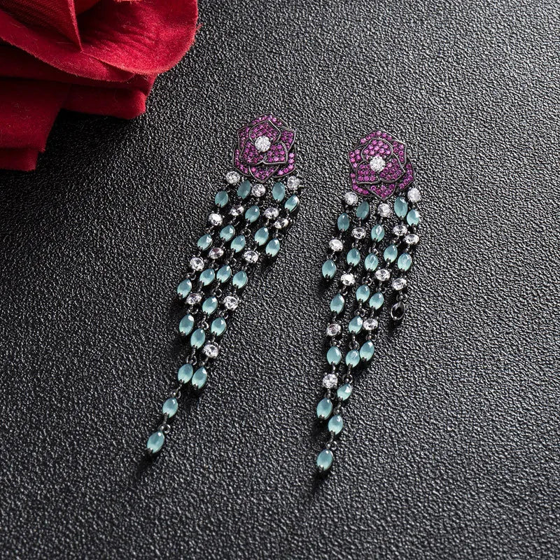 Vintage Purple Rose Flower Earrings with Tassel