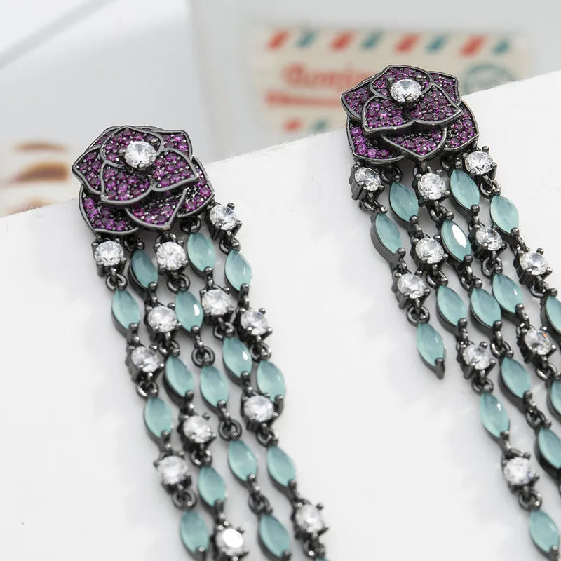 Vintage Purple Rose Flower Earrings with Tassel