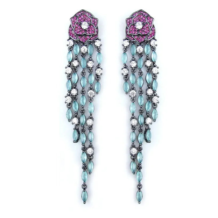 Vintage Purple Rose Flower Earrings with Tassel