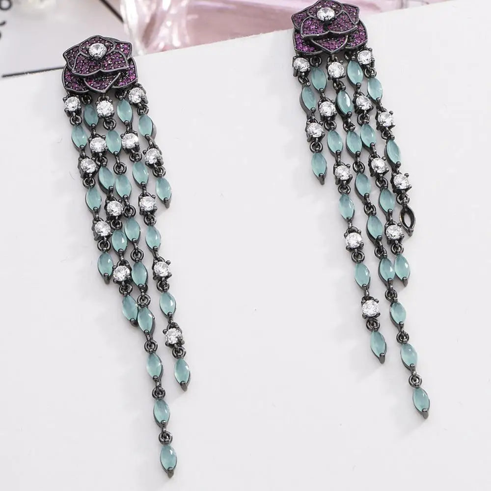Vintage Purple Rose Flower Earrings with Tassel