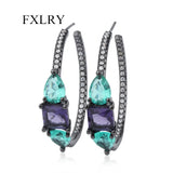 Sparkly Purple Green CZ C Hoop Earrings Jewelry