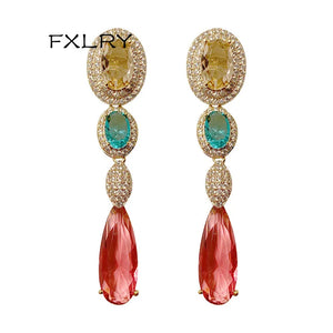 Vintage Colorful Zircon Long Earring for Women Bride Wedding