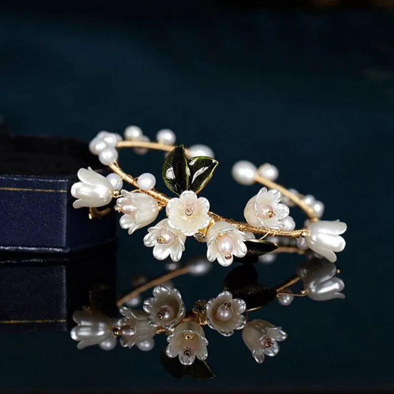 Vintage Lily Of The Valley Flower Bracelet with Natural Pearl