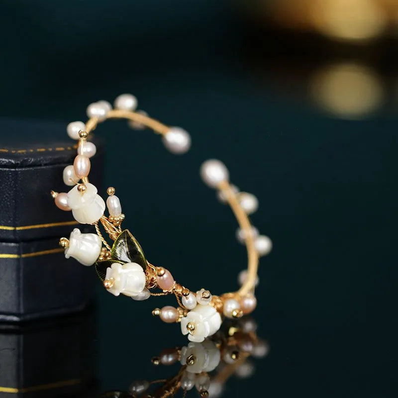 Vintage Lily Of The Valley Flower Bracelet with Natural Pearl