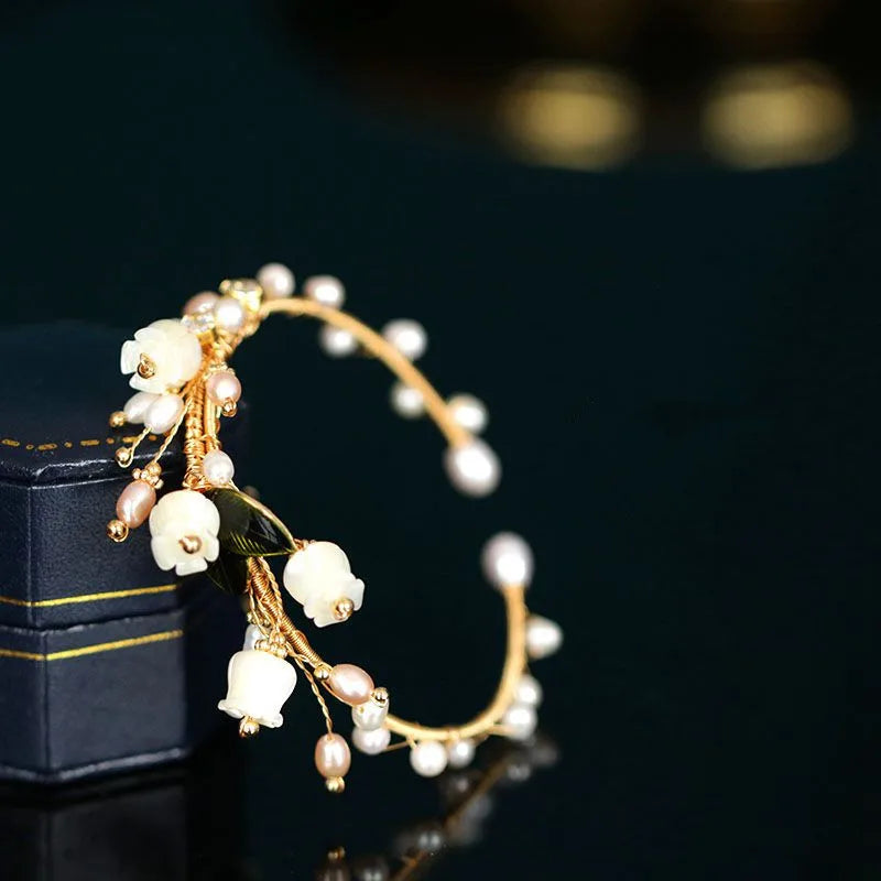 Vintage Lily Of The Valley Flower Bracelet with Natural Pearl