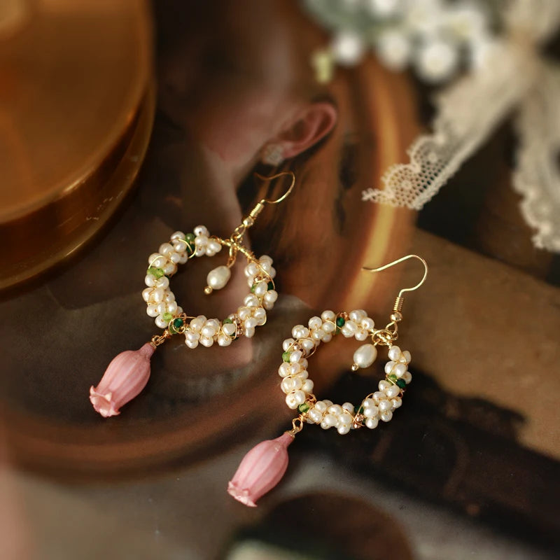 Natural Pearl Vintage Preserved Dried Flower Earrings