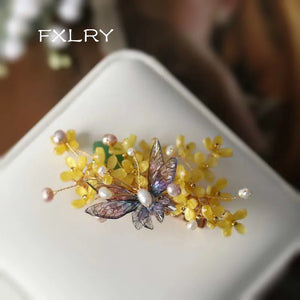 Vintage Yellow Flower Butterfly Side Clip Hairpin Hair Accessories