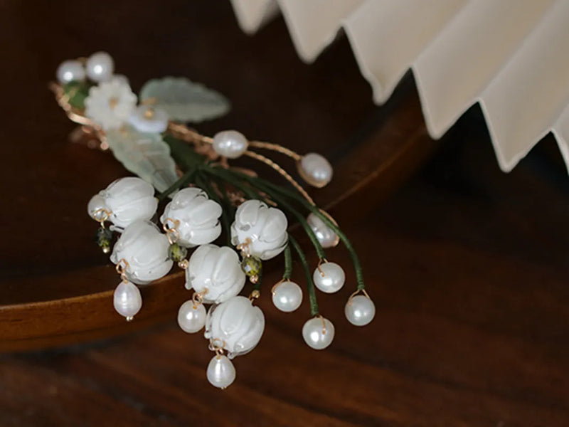 Vintage Glass Lily Pearl Headdress Side Hairpin Female Accessories