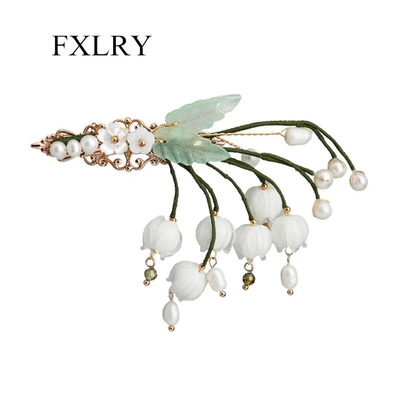 Vintage Glass Lily Pearl Headdress Side Hairpin Female Accessories