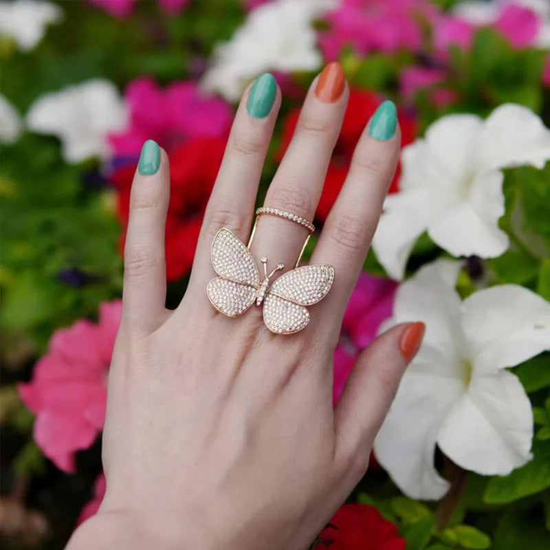 Personality Butterfly Ring White/Gold CZ Stone for Women Size Resizeable Jewelry