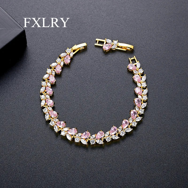 White CZ Charm Bracelet Women Pink Leaf Bridal Wedding Jewelry