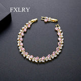 White CZ Charm Bracelet Women Pink Leaf Bridal Wedding Jewelry