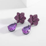 Vintage Purple Camellia Drop Earrings with Cubic Zirconia