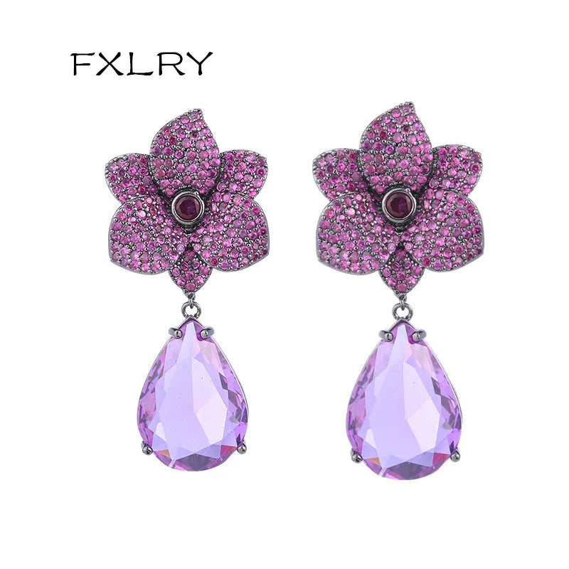 Vintage Purple Camellia Drop Earrings with Cubic Zirconia