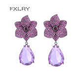 Vintage Purple Camellia Drop Earrings with Cubic Zirconia