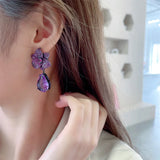 Vintage Purple Camellia Drop Earrings with Cubic Zirconia