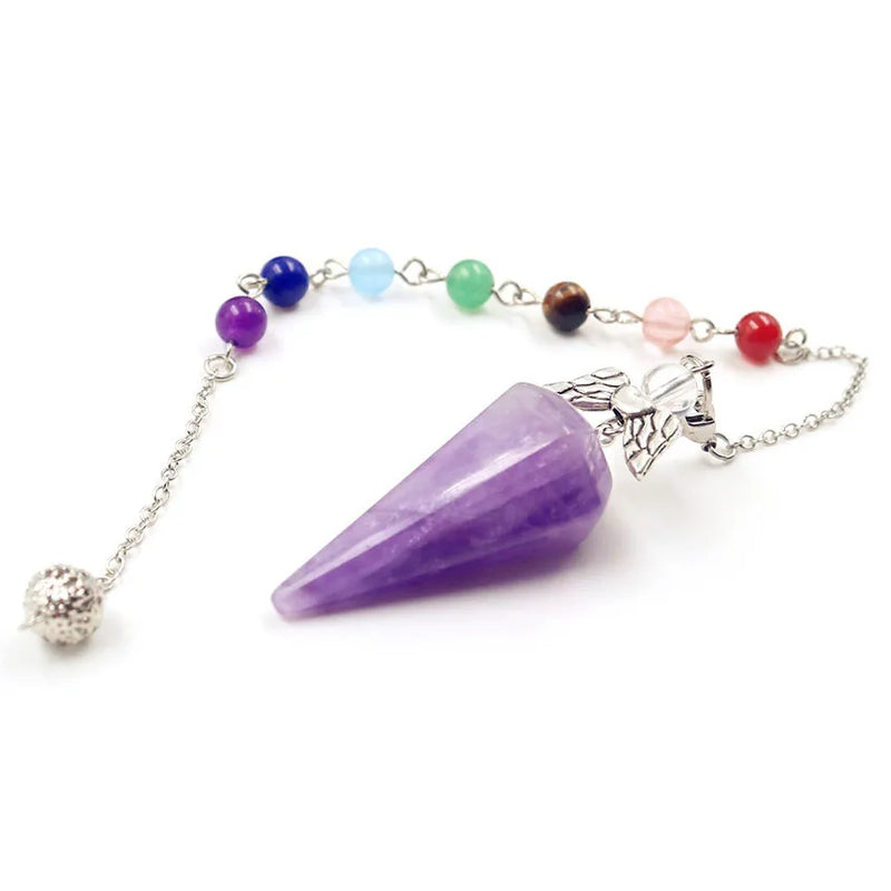 Silver Plated Angel Wing Hexagon Pyramid Purple Amethysts Chakra Pendant