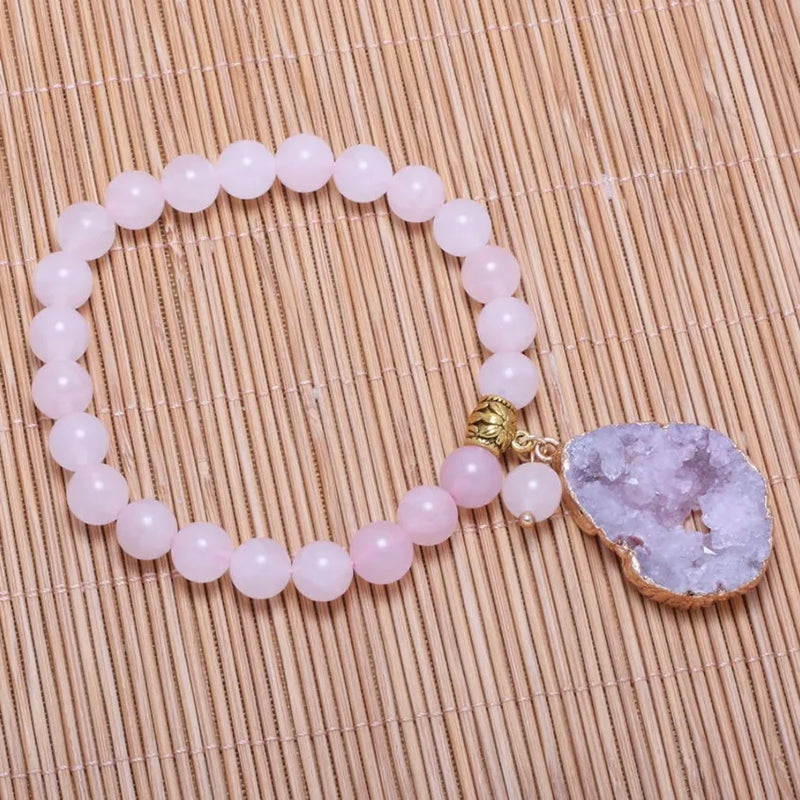 FYJS Light Yellow Agate & Rose Pink Quartz Elastic Bracelet