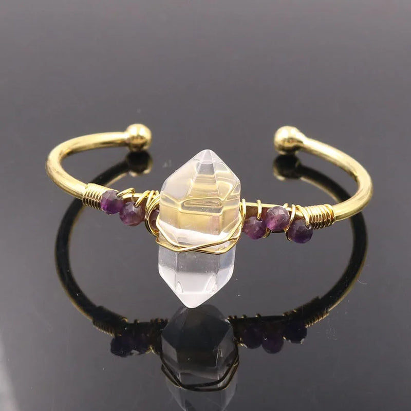 Unique Light Yellow Quartz Bangle with Amethysts Beads