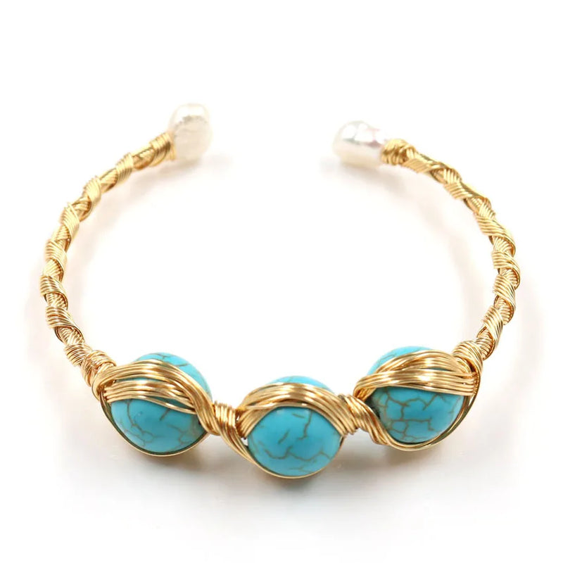 FYJS Light Yellow Wire Wrap Turquoise Stone Pearls Bangle