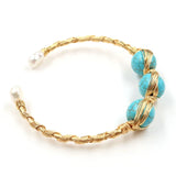 FYJS Light Yellow Wire Wrap Turquoise Stone Pearls Bangle