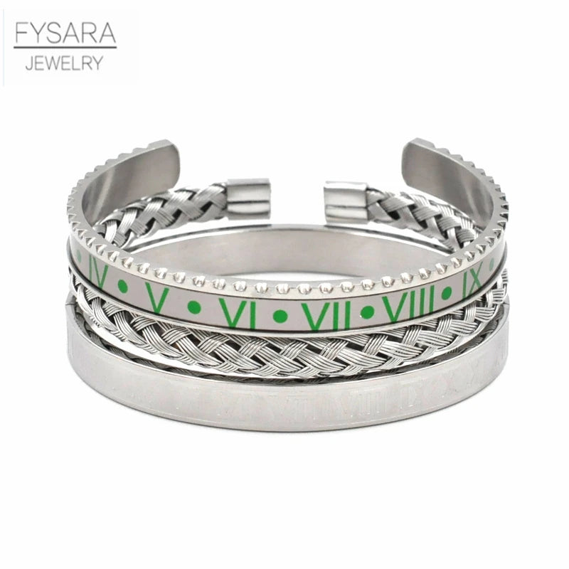 3pc Stainless Steel Speedometer Cuff Bracelets Men Sports Roman Bangles Set