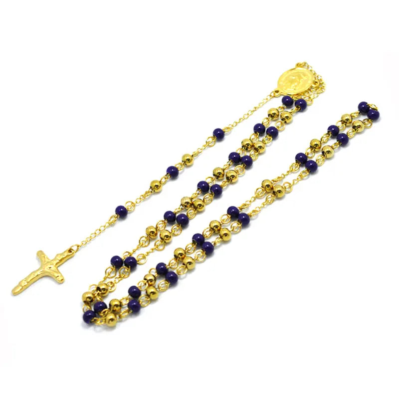 6 Tone Bead Long Necklace Religion Jesus Christ Cross Rosary Pendant