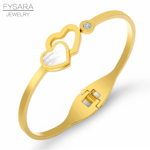 Romantic Double Heart Bangles Stainless Steel Cuff Bracelets for Women